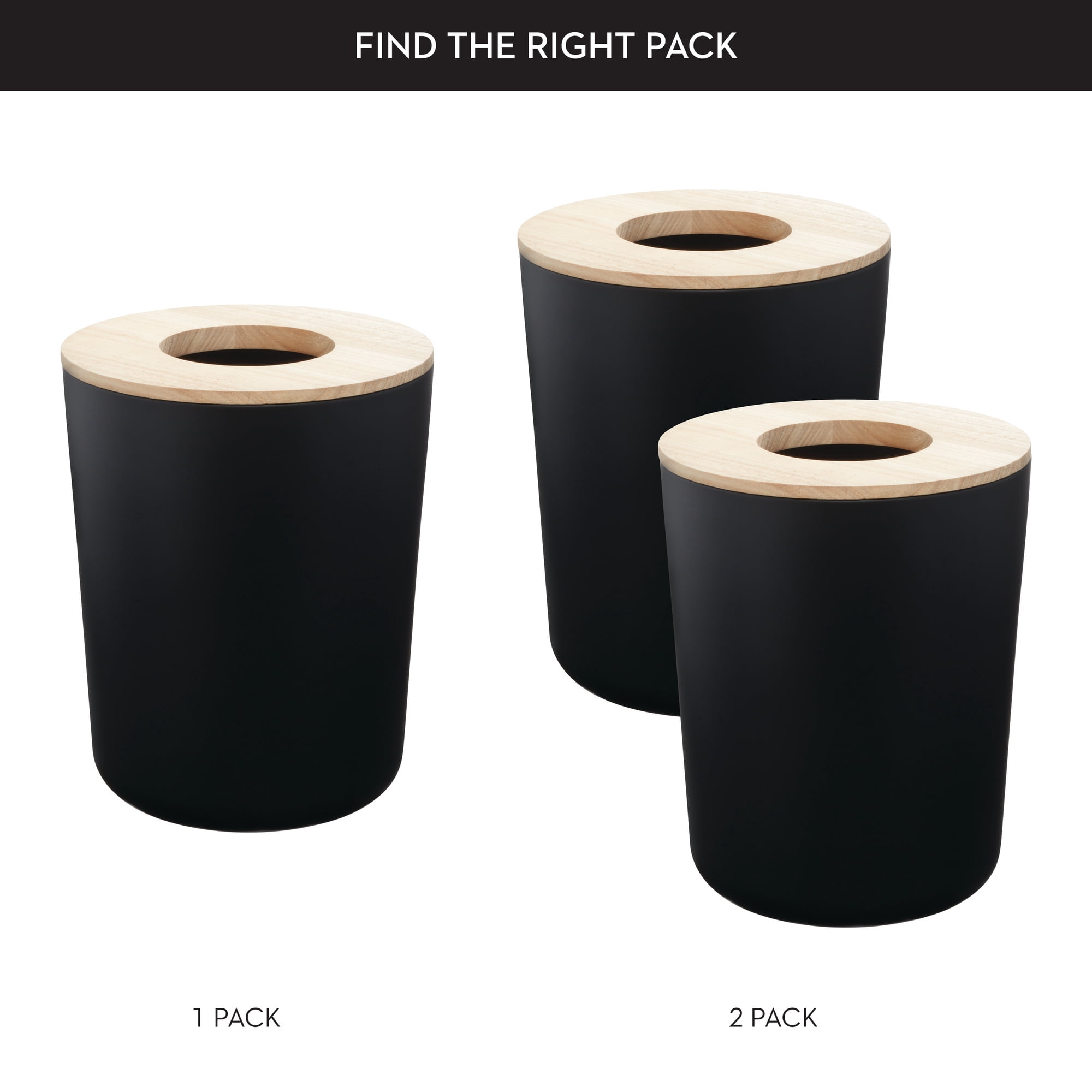 iDesign Bathroom Vanity Trash Can, 2.2 Gallon Round Steel and Wood Lid Garbage Bin, Black