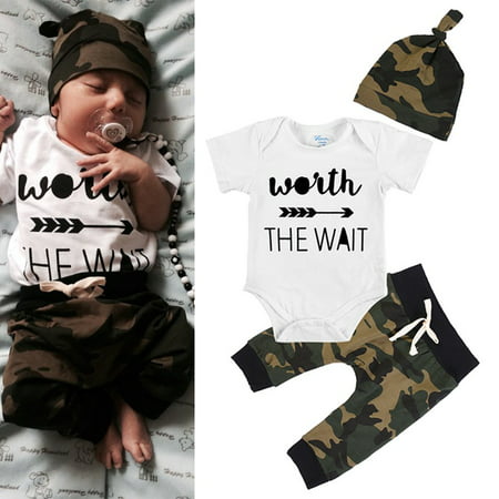Kacakid 3PCS Newborn Baby Boys Cute Letter Printed Romper+Camouflage Pants+Hat Outfits Set