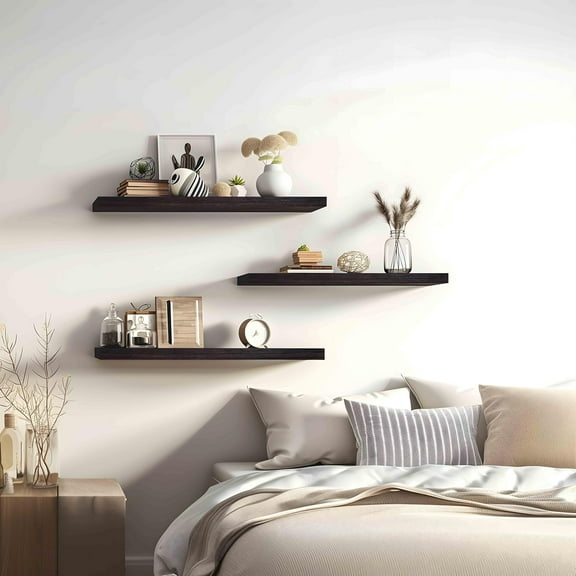 YANGLI Set of 4 Brown Wood Floating Shelves - 24 Inch Rustic Wall Shelf for Bedroom and Living Room