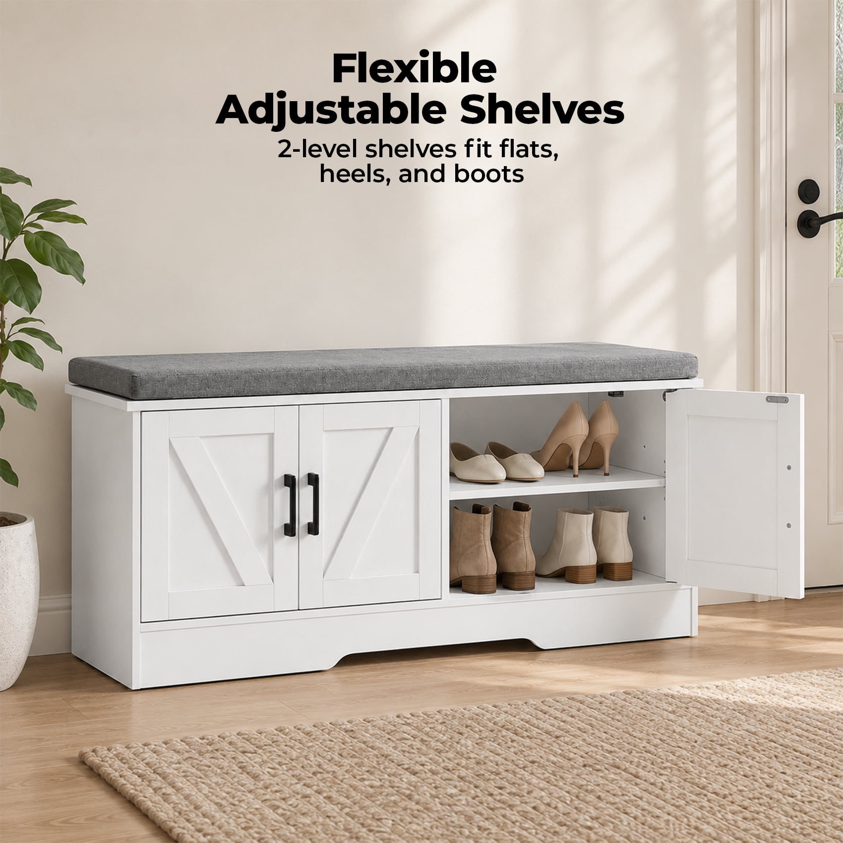 Alvantor White 2-Tier Wooden Shoe Storage Cabinet with Cushioned Seat, Adjustable Shelves for Entryway, Bedroom