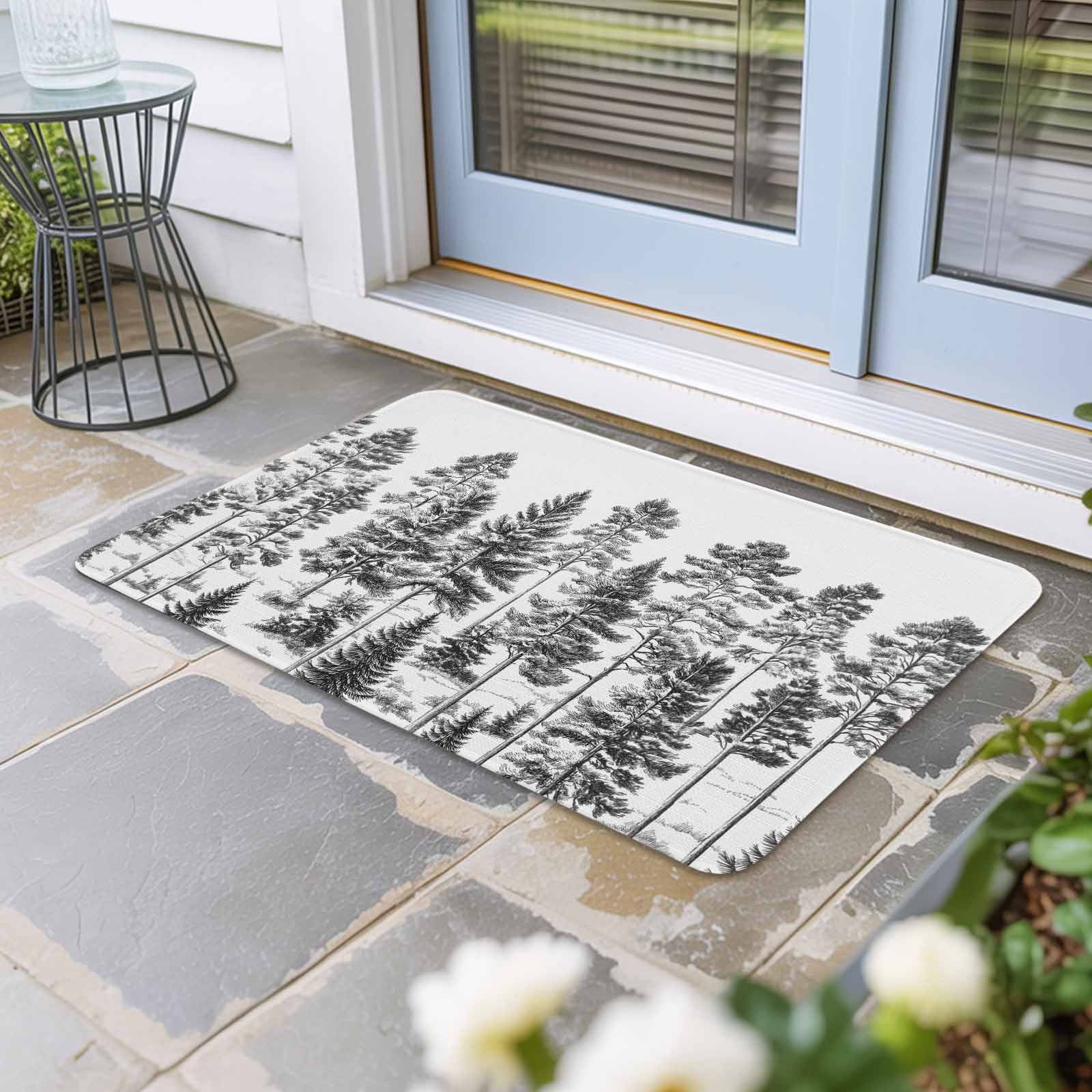 Black Pine Tree Doormat Outdoor Entrance 24"x36", Vintage Watercolor Botanical Absorb Moisture Dirt Door Mats, Non-Slip Rubber Backing Floor Mats Indoor, Low-Profile Front Door Rugs