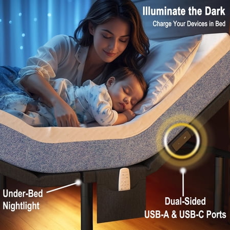 CHITOOMA Electric Adjustable Bed Frame Queen with Massage (4 Modes & 3 Intensities), Wireless Remote, Zero Gravity, 4 USB Ports, Under-Bed Nightlight, 3 Minutes Fast Assembly