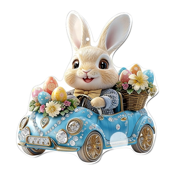 Decoraciones de Puerta de Pascua Acrílico Plano Lindo Coche Colgante Ornamento 8cm para Decoraciones de Coches de Vacaciones