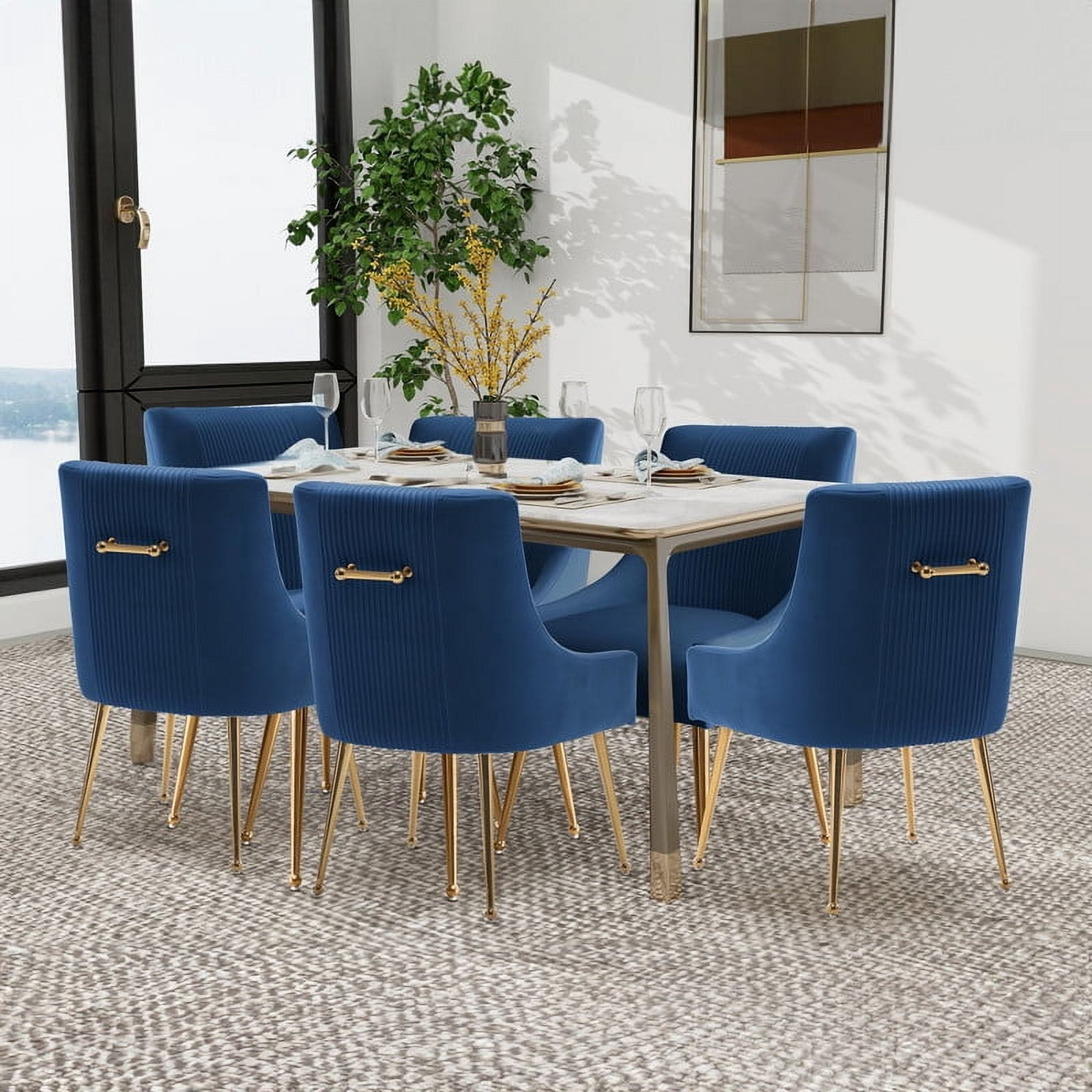 SEYNAR Modern Glam Boucle Pleated Velvet Accent Dining Chair, Set of 6 for Living Room with Rear Handle（Navy）