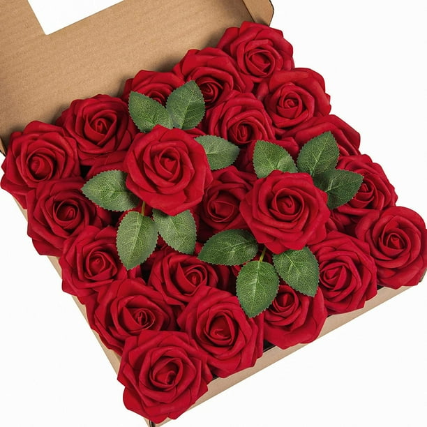 Imoment 25Pcs Fake Red Roses Artificial Flowers, Real Looking Foam Rose