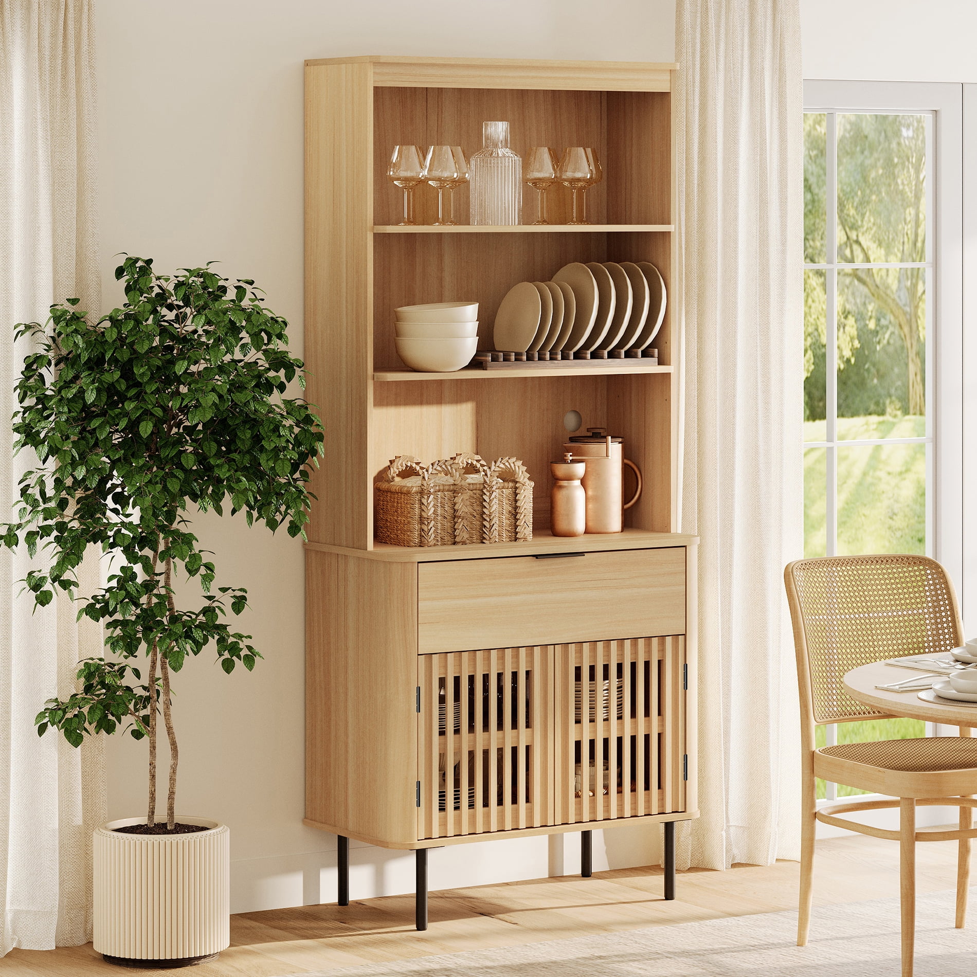 72.8 Inch Tall Bookshelf with Storage Cabinet, 3 Tier Bookcase with Drawer & Adjustable Shelf, Oak