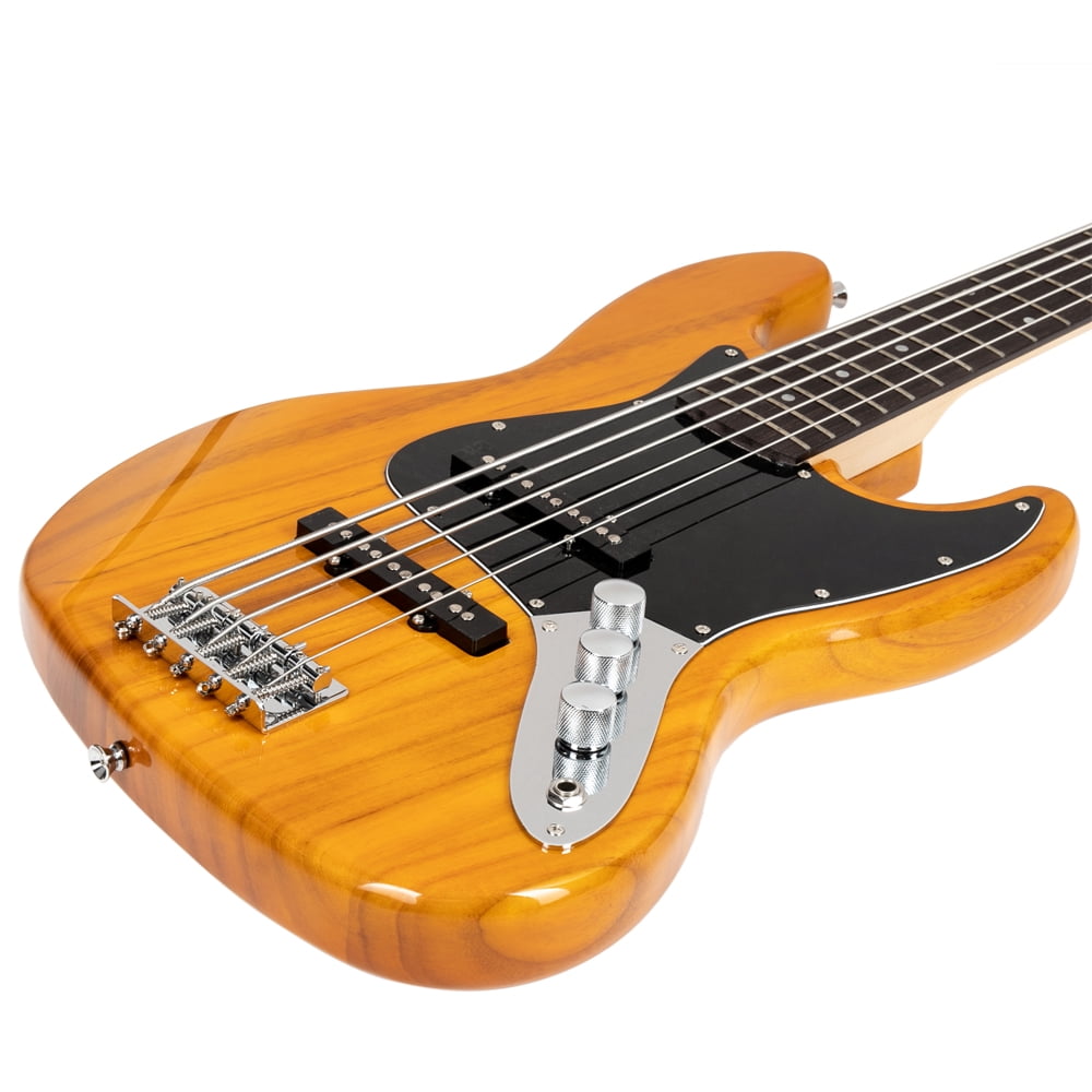 Electric 5 String Bass Guitar Full Size Bag Strap Pick Connector Wrench Tool Transparent Yellow