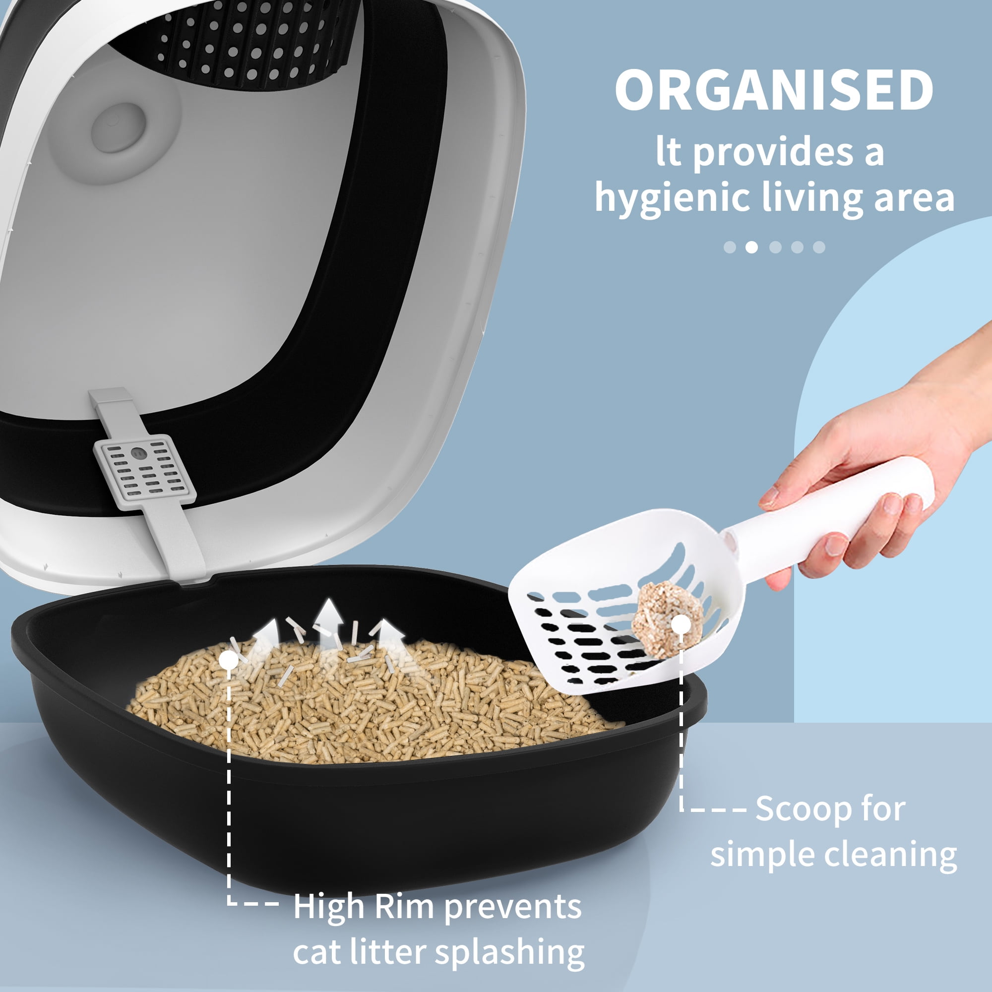 Covered Cat Litter Box with Lid, Foldable Enclosed Litter Box with High Sides, Air Freshener & Scoop, Two-Way Entrance Anti-Splash Kitty Litter Box Easy Clean for Cats Up to 10lbs, White Black