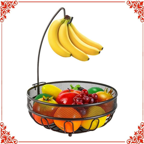 Auledio Metal Fruit Basket Bowl with Banana Tree, Freestanding Basket for Kitchen Counter in Bronze