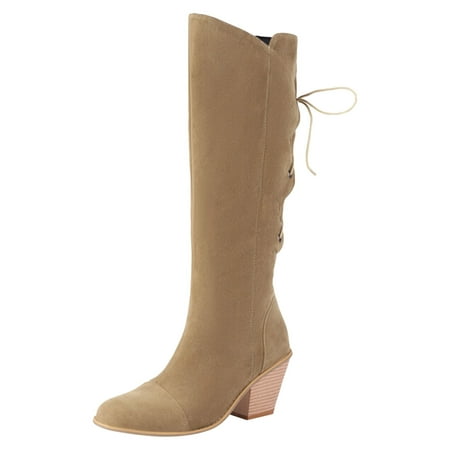 GHSOHS Cowboy Boots for Women Ankle Boots Womens Work Boots High Heel Boots Solid Retro Round Toe Thick Heels Comfort Fall Winter Lace Up Shoes Comfort Rain Boots Dress Shoes Slouch Boots Size 40