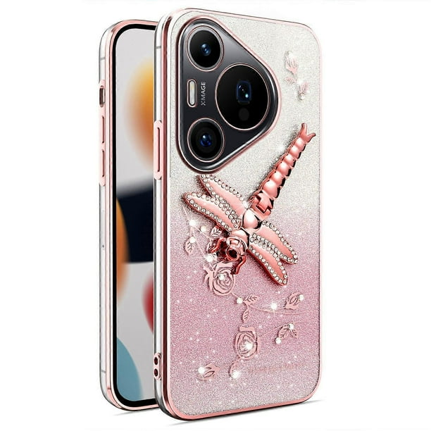 KADEM For Huawei Pura 70 Pro Pura 70 Pro Case Dragonfly Kickstand TPU Flowers Glitter Phone Cover -