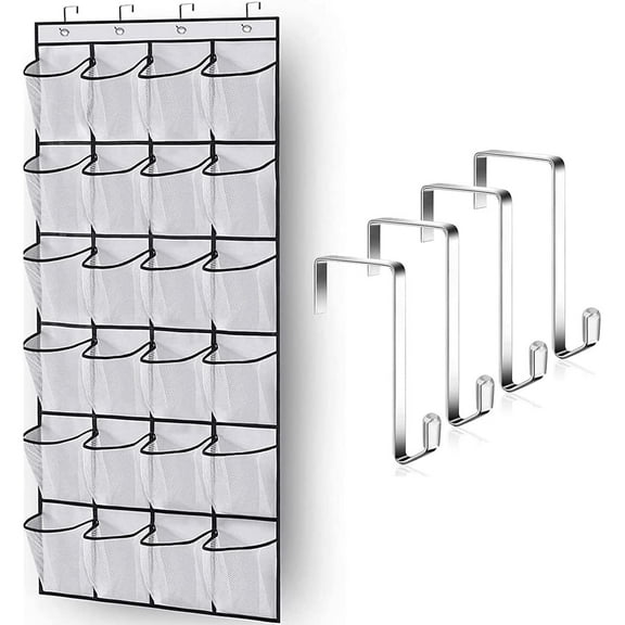 24 Large Pockets Hanging Shoe Organizer-Hold up to 12 Pairs of Shoes with 4 Hooks, White