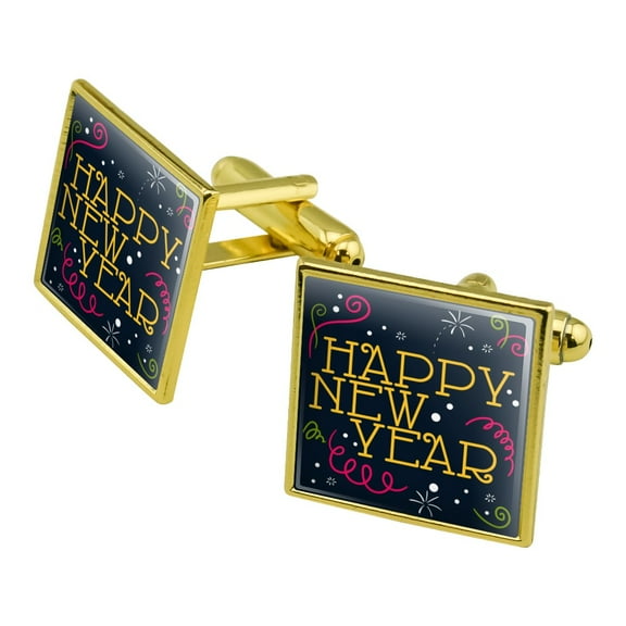 Happy New Year Square Cufflink Set - Silver or Gold