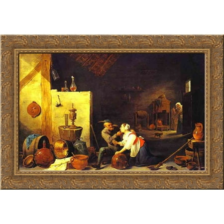Italian Wood Stable An Old Peasant Caresses a Kitchen Maid in a Stable 24x18 Gold Ornate Wood Framed Canvas Art by David Teniers the Younger ()