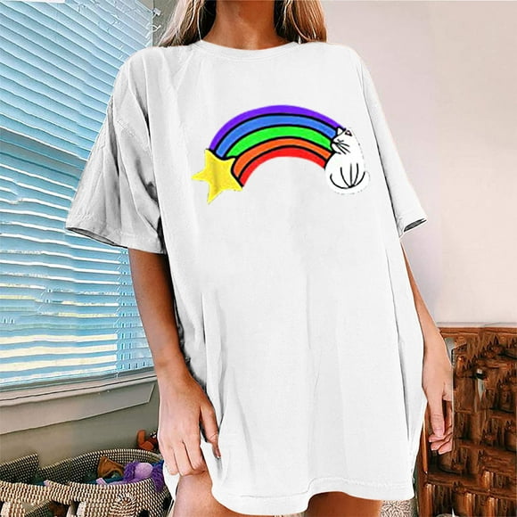 CEHVOM Women's Vintage Drop Sleeves Rainbow Printed Pattern Casual Short Sleeve Tops
