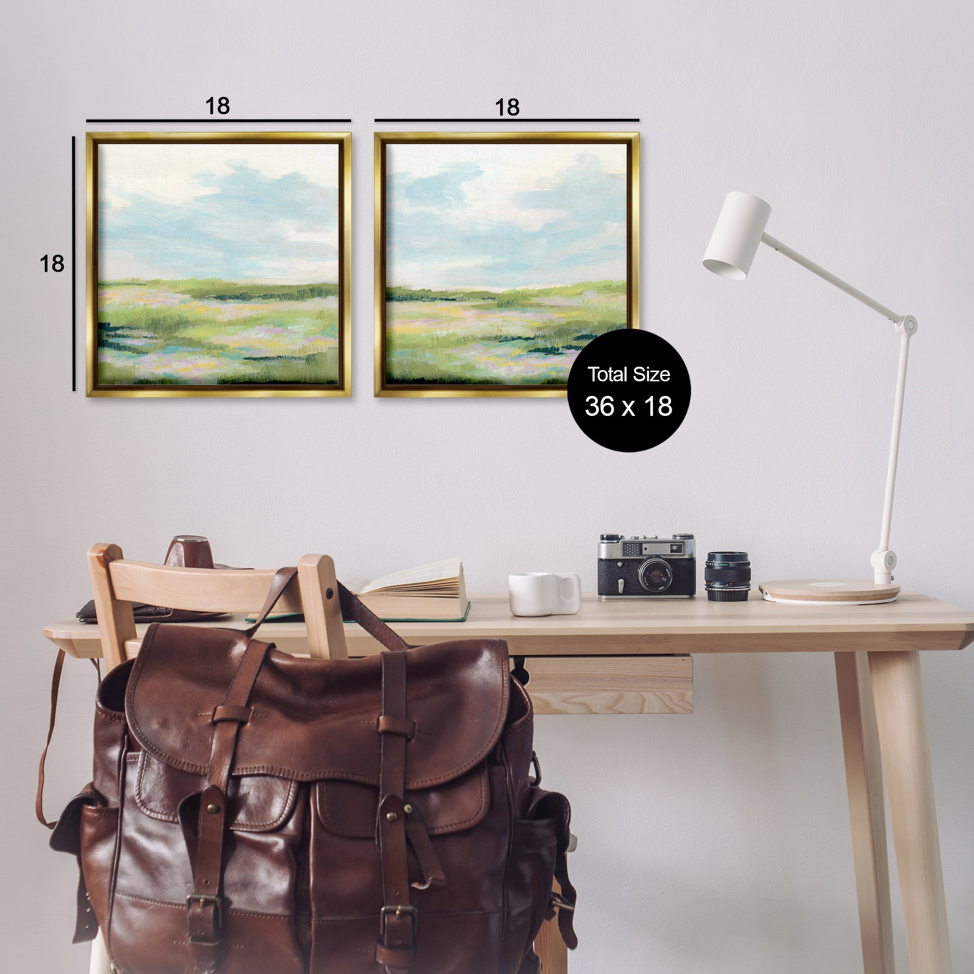 Stupell Industries Pastel Meadow under Blue Sky Landscape & Nature Painting Gold Floater Framed Canvas Art Print Wall Art, 18 x 18, Set of 2