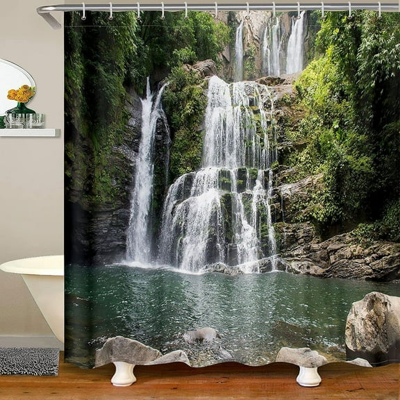 Mountain Shower Curtain Waterfall River Bath Curtain Kids Girls Boys Trees Natural Scenery Art Bathroom Shower Curtain Set with 12 Hooks Waterproof Stalls Bathtubs Decor 72Wx84L