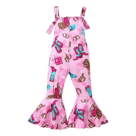 

Girls Casual Cartoon Printed Closed Waist Suspender Rompers Bell Bottoms For 1-6 Years Child Newborn Playwear Summer Sunsuit