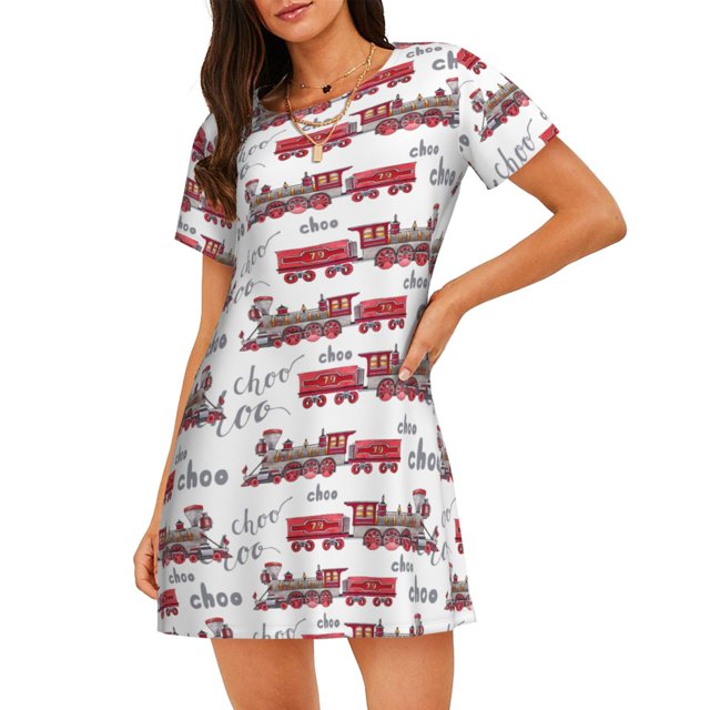 Easygdp Retro Train Camisón de manga corta para mujer, informal, estampado