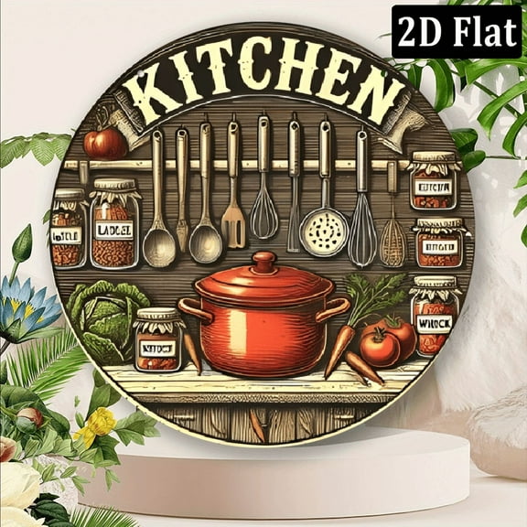 Vintage Farmhouse Kitchen Wall Art - Rustic Aluminum Decor with Vegetable Food Print, Round Design Featuring Cooking Utensils Produce, Perfect for Cozy Kitchen or Dining Room, Wall Decor 8*8inch