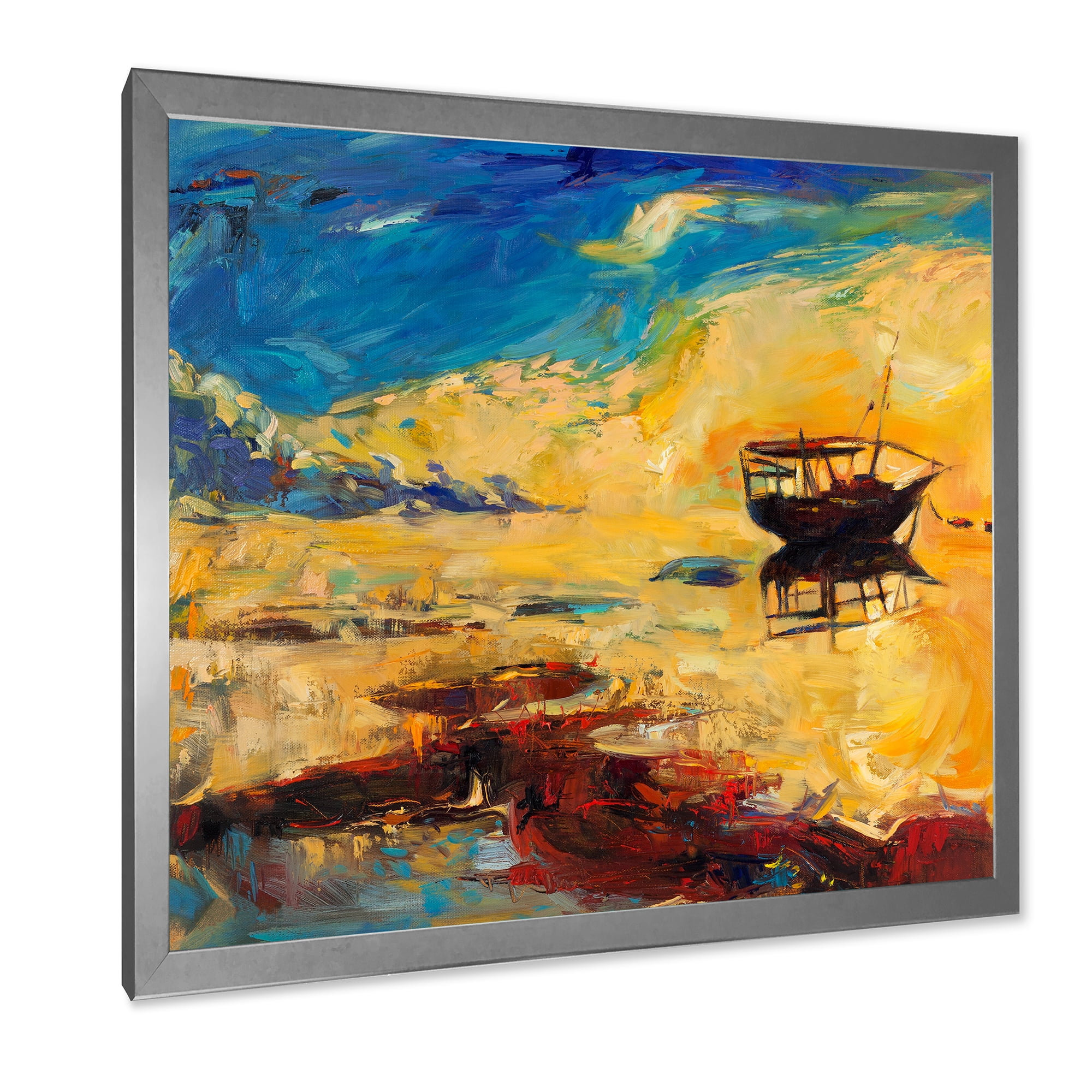 Abstract Boat At The Ocean Horizon During Sunset 16 in x 16 in Framed Painting Canvas Art Print, by Designart