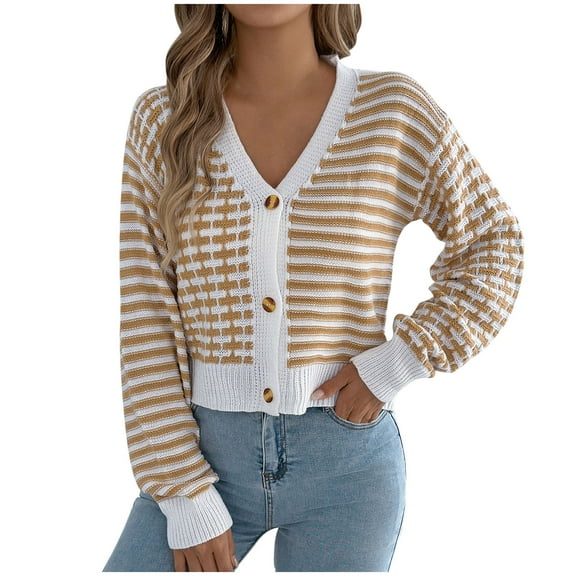 bbymog Women's Cardigan Sweaters Stripe Long Sleeve Cropped Cardigan Sweater Casual V Neck Button Down Cardigans Fall Lightweight Sweaters for Women Khaki XL