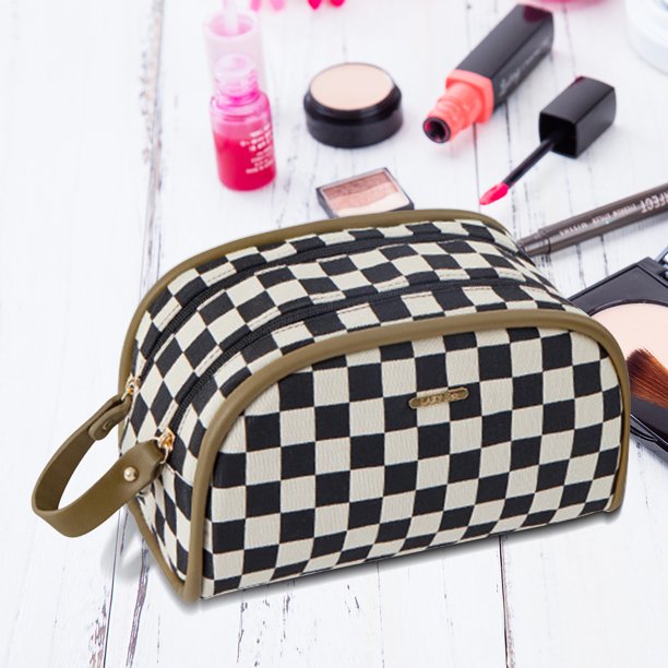 Bolsa de cosméticos a cuadros de tablero de ajedrez de lavado con doble cremallera para acampar (Marrón L) Ehuebsd Para Estrenar