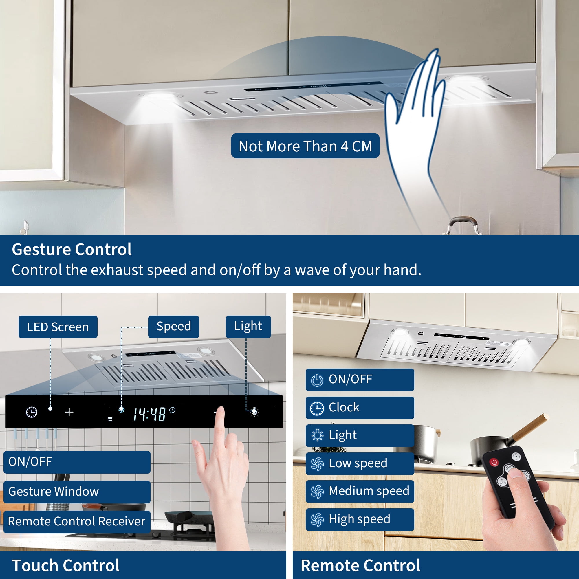 30 Inch Stainless Steel Range Hood, Under Cabinet Kitchen Hood 450CFM, Convertible Ducted/Ductless, Remote Control, 3-Speed Touch Screen, Baffle Filters, LED Lights