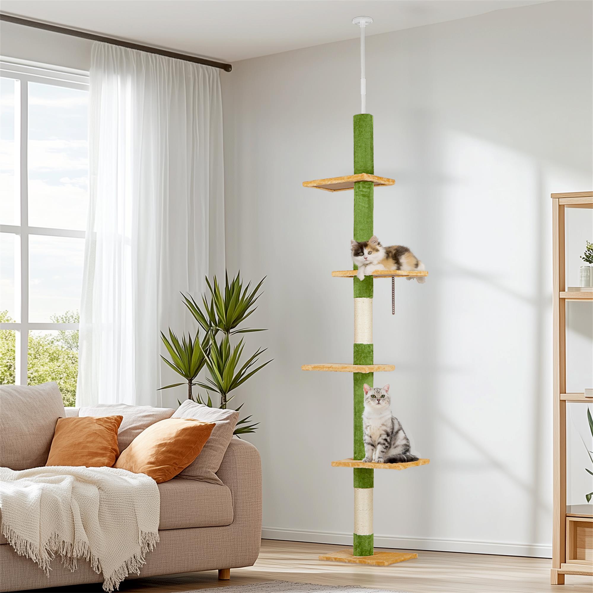 resenkos Cat Tree Floor to Ceiling Cat Tower with 90"-106" Adjustable Height, Cat Climbing Activity Center with Cozy Platforms and Dangling Balls for Indoor Cats, Green