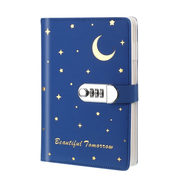 A5 Diary with Lock, Journal with Lock Cute Journaling Leather Notebook Journal Stars Moon Diary, Navy Blue