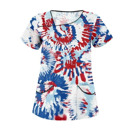 

TKing Fashion Womens Summer Plus Size Independence Day Short Sleeve V-Neck Printed Tops Scrub Loose Care Workwear T-Shirt with Pocket Blue 5XL