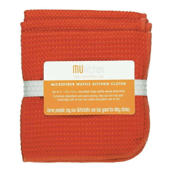 MUkitchen Microfiber Waffle Dishcloth, 12 by 12-Inches, Set of 3, Coral