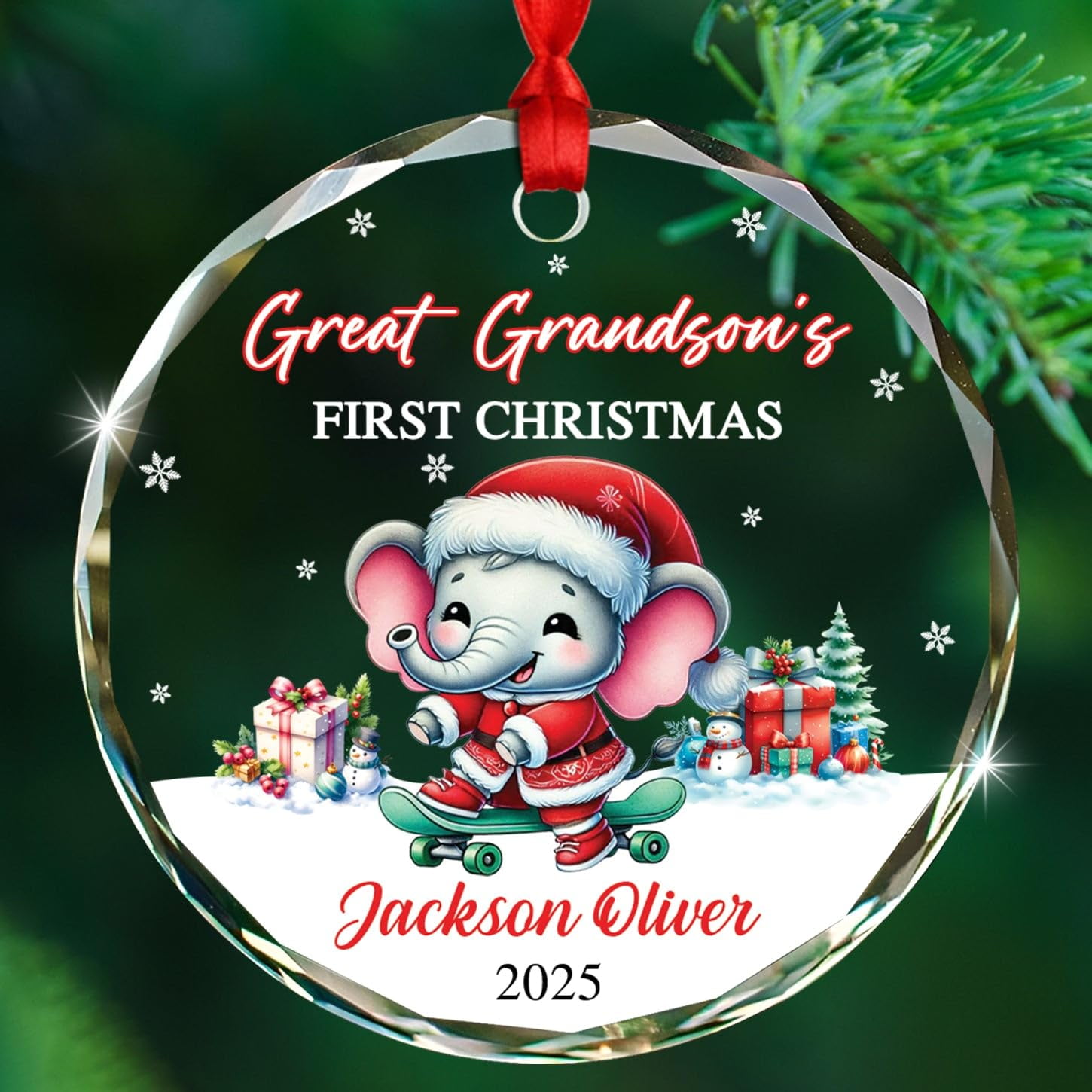 Customized Date & Name Elephant Great Grandson's First Christmas Ornament 2025, Personalized Loved Great-Grandson Elephant Glass Xmas Ornament Gift for Baby Boys Kids from Great-Grandpa & Grandma
