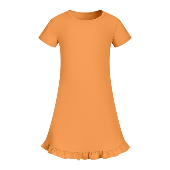 CPNG Girls Soft Knit Dress Round Neck Short Sleeve A Line Ruffled Dress Summer Casual Dress Homewear Dress Sleepwear Dress(Orange,9-10 Years)