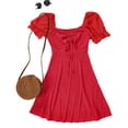 thumbnail image 6 of Womens Summer Sweetheart Neck Short Puff Sleeve Mini Drawstring Casual Slim Flowy Dress Sundress, 6 of 7