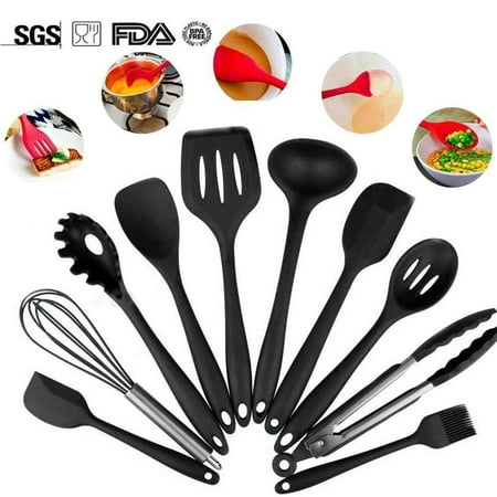 10Pcs/set Silicone Heat Resistant Kitchen Cooking Utensils Non-Stick Baking Tool tongs ladle gadget (Best Non Stick Cooking Utensils)
