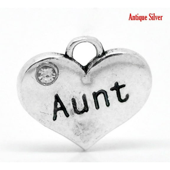 P042 - 10 pcs. Antique Silver "Aunt" charm with rhinestone - 16mm X 14mm
