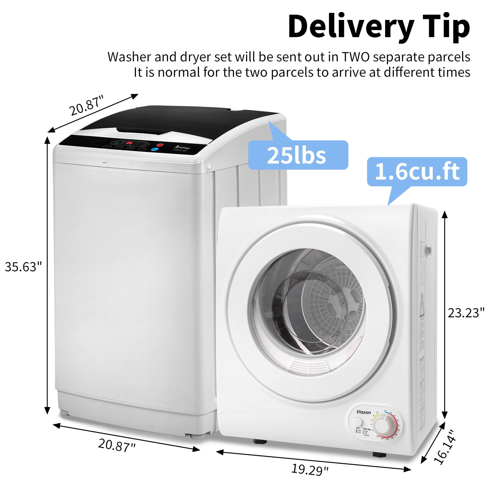 Ktaxon 25LBS Full Automatic Washing Machine and 1.6CuFt Portable Clothes Dryer Set, Compact Laundry Washer and Dryer Combo Set with Stainless Steel Inner Tub, for Apartment, Dorms, Home