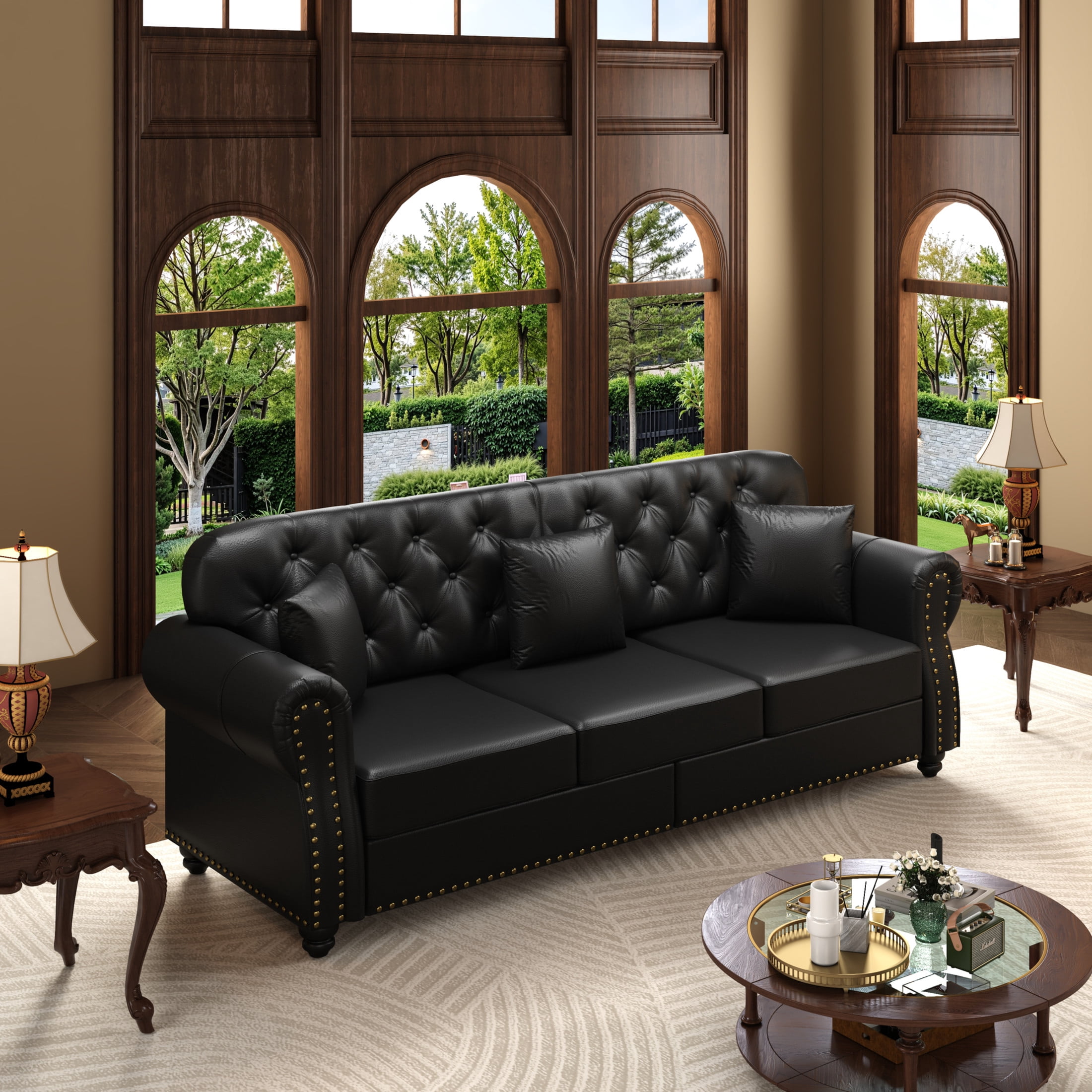Noble House 82.6" Upholstered Faux Leather Chesterfield Sofa, Button Tufted Couch with Pillows and Nailheads, Black