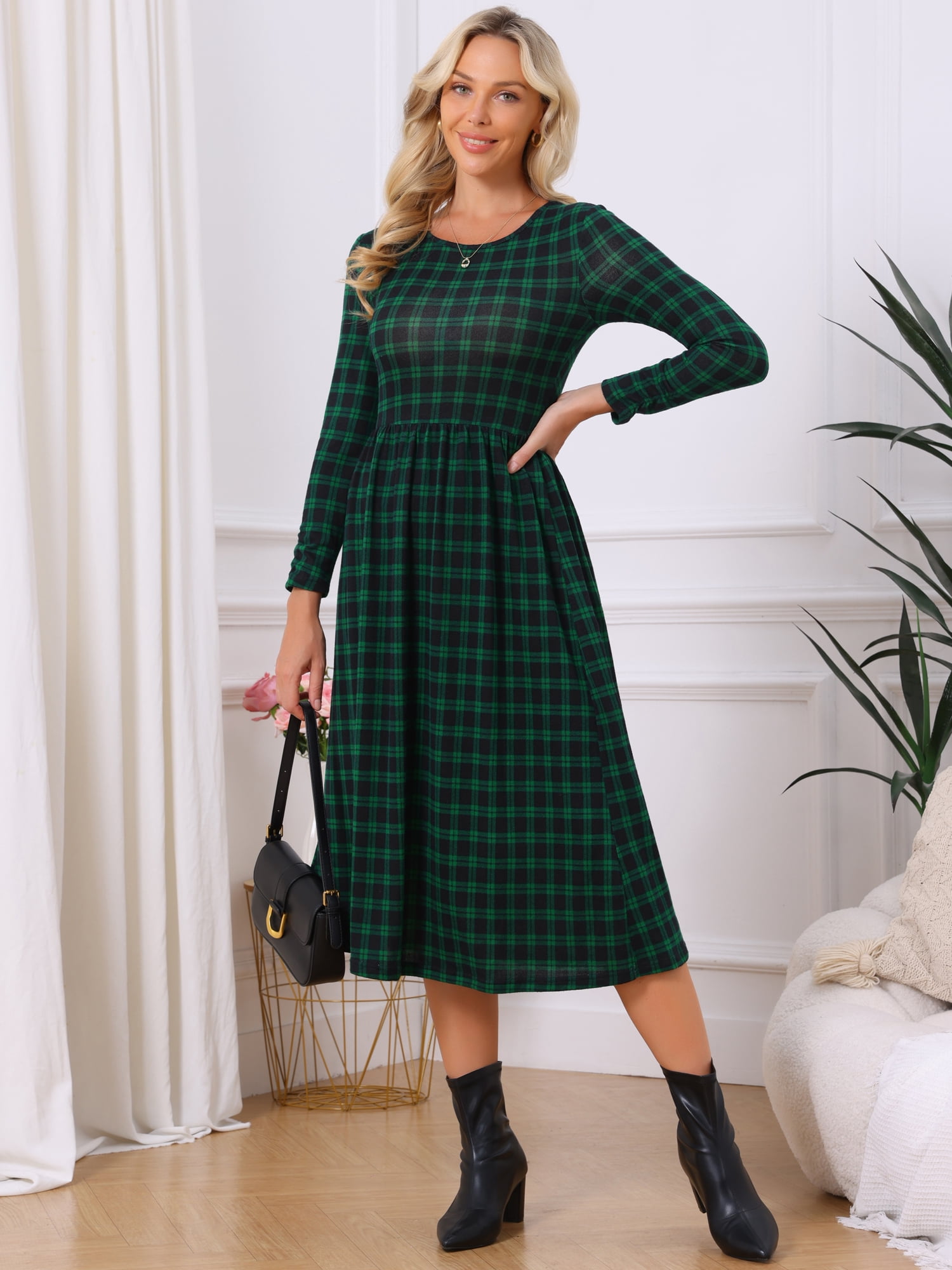 DARING DIVA Women's Plaid Long Sleeve Crew Neck A Line Midi Dress XL Green