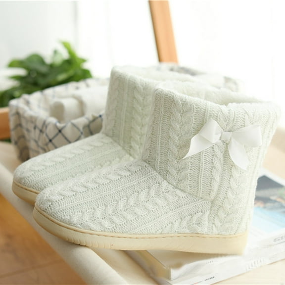 TUTUnaumb Women's Warm House Bootie Slippers Fluffy Cute For Winter Size 4.5 Comfy Cable Knit Ladies Boots Slippers Indoor With Fuzzy Plush Lining Cozy Female Adult Home Bedroom Shoes-White-35