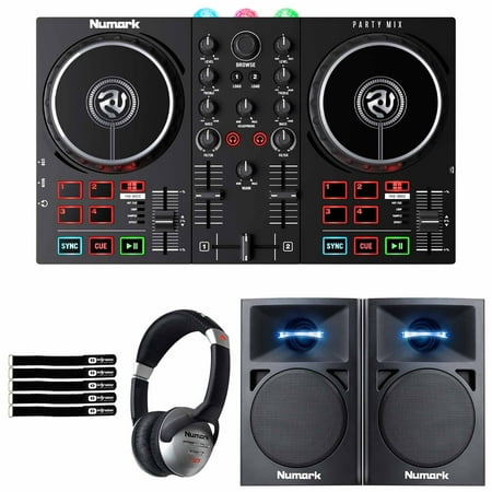 Numark Party Mix II Built-In Light Show DJ Controller with 3" Powered Desktop Monitor Speakers Package