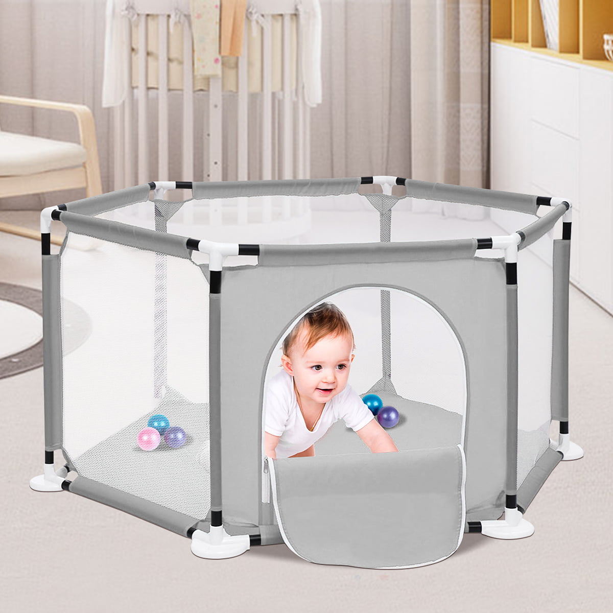 Playpen for Baby Indoors Outdoors Child Playpen Fence Safety Games Crawling Playpen for Babies Toddler 6-Panel Foldable Portable Baby Playpen Grey 