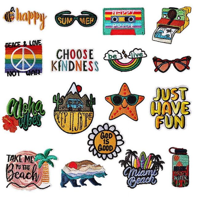 Un conjunto de 17 nuevas pegatinas de tela de colores para bordar por computadora, pegatinas de parche de estilo de viaje, lindas pegatinas de dibujos animados para hacer tú mismo, pegatinas bordadas