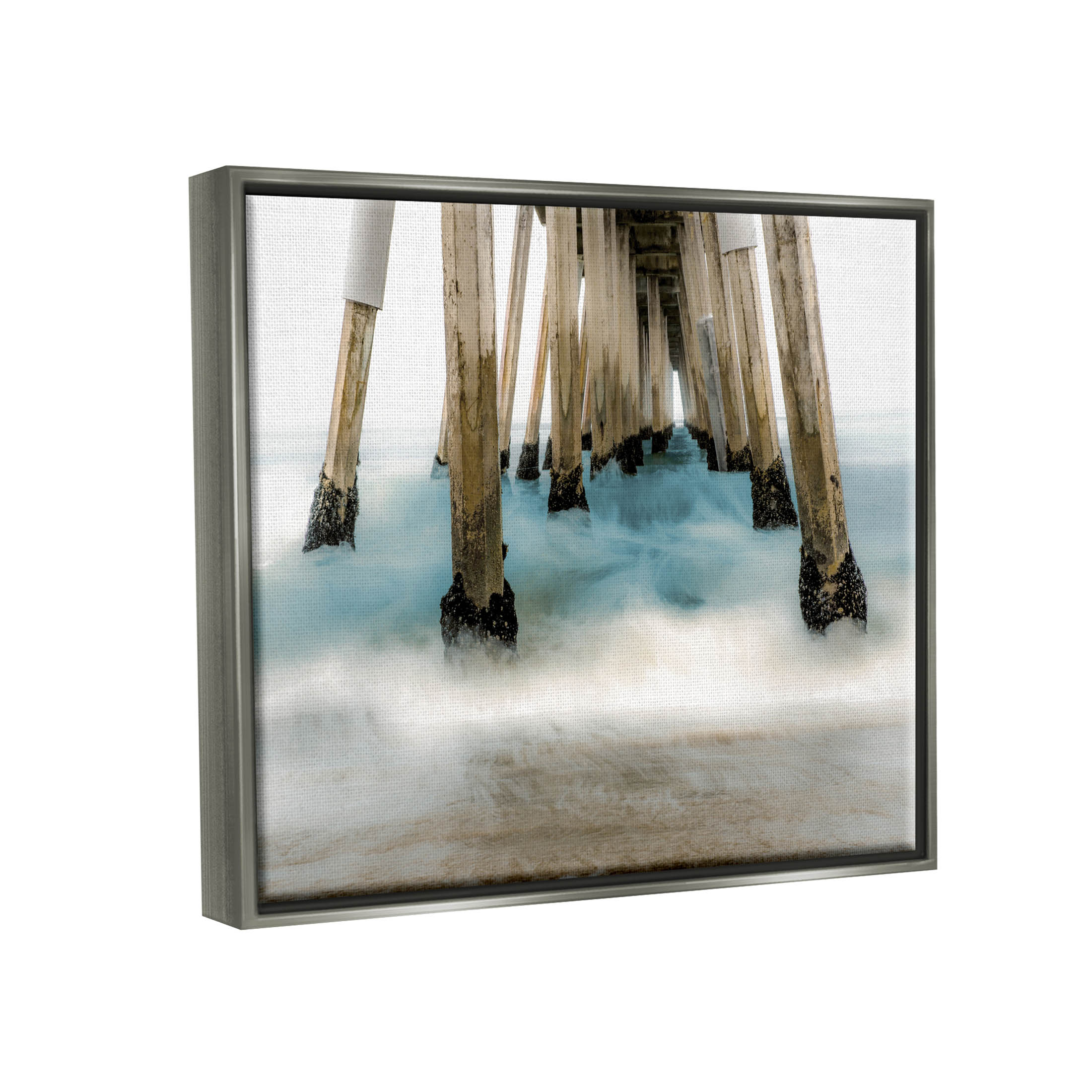 Waterfront Pier Splashing Sea Waves Coastal Graphic Art Luster Gray Framed Art Print Wall Art