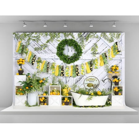 Image of 7x5ft Fresh Lemons Backdrops for Photography Farmer s Market Lemon Shop Background Colorful Ribbon Wood Wall