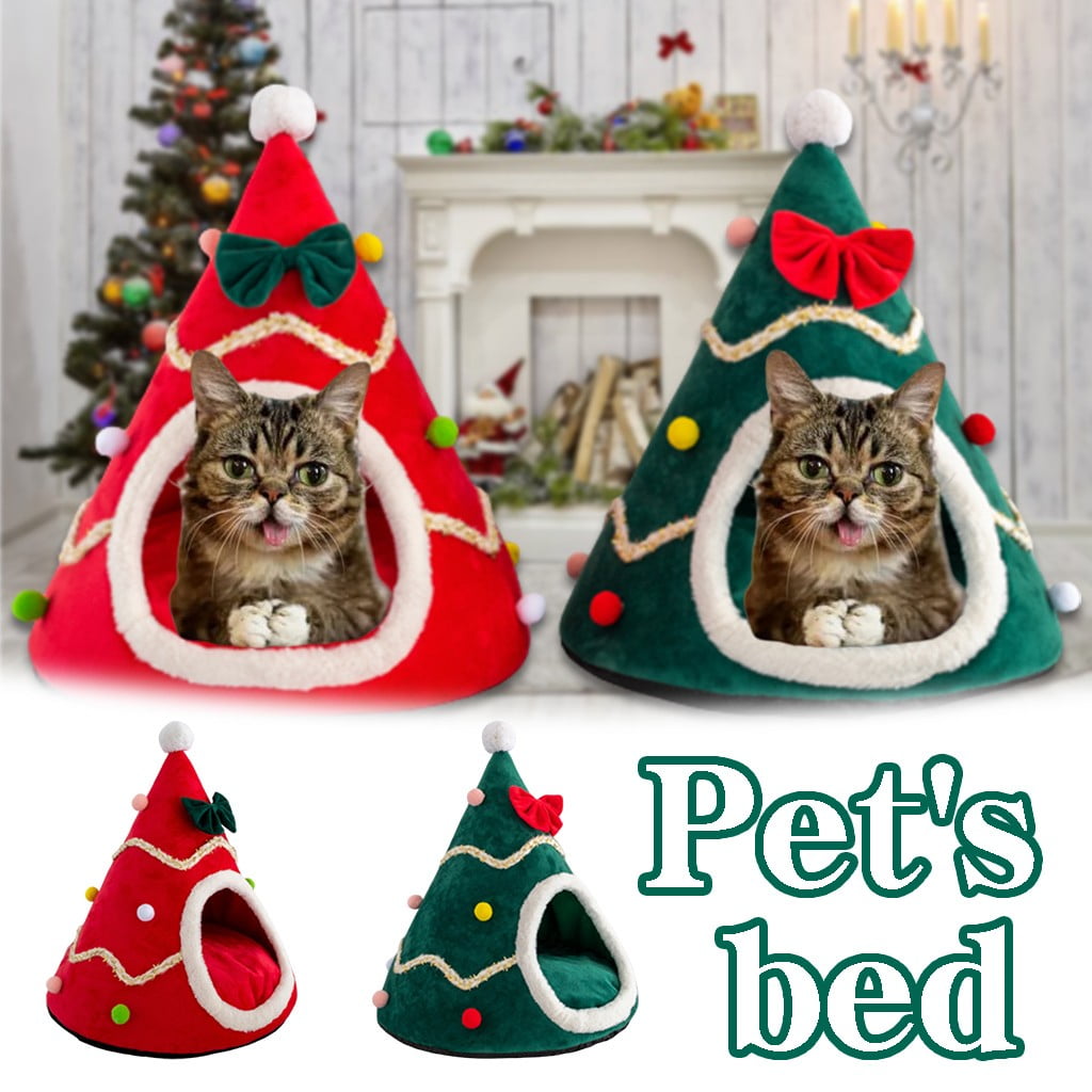 Summercome Christmas Tree Dog House, Cozy Dog Cave Pet Sleeping Bed Puppy Tent with Removable Cushion, Pets Bed for Large Dogs Cats Xmas Decoration, (Green, L Size 21.65in)