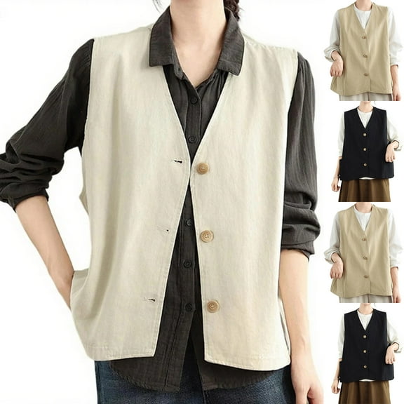 FRSASU Women's Casual Vest Lightweight Outdoor Work Sleeveless Hoodless Jacket for Hiking Travel Khaki