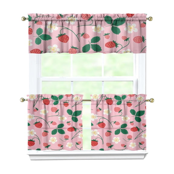 Strawberry Kitchen Curtains and Valances Set-3 Piece Kitchen Curtains Sets with Valance for Windows Rod Pocket Machine Washable Kitchen Decor(54"x18" 2x27.5"x24")
