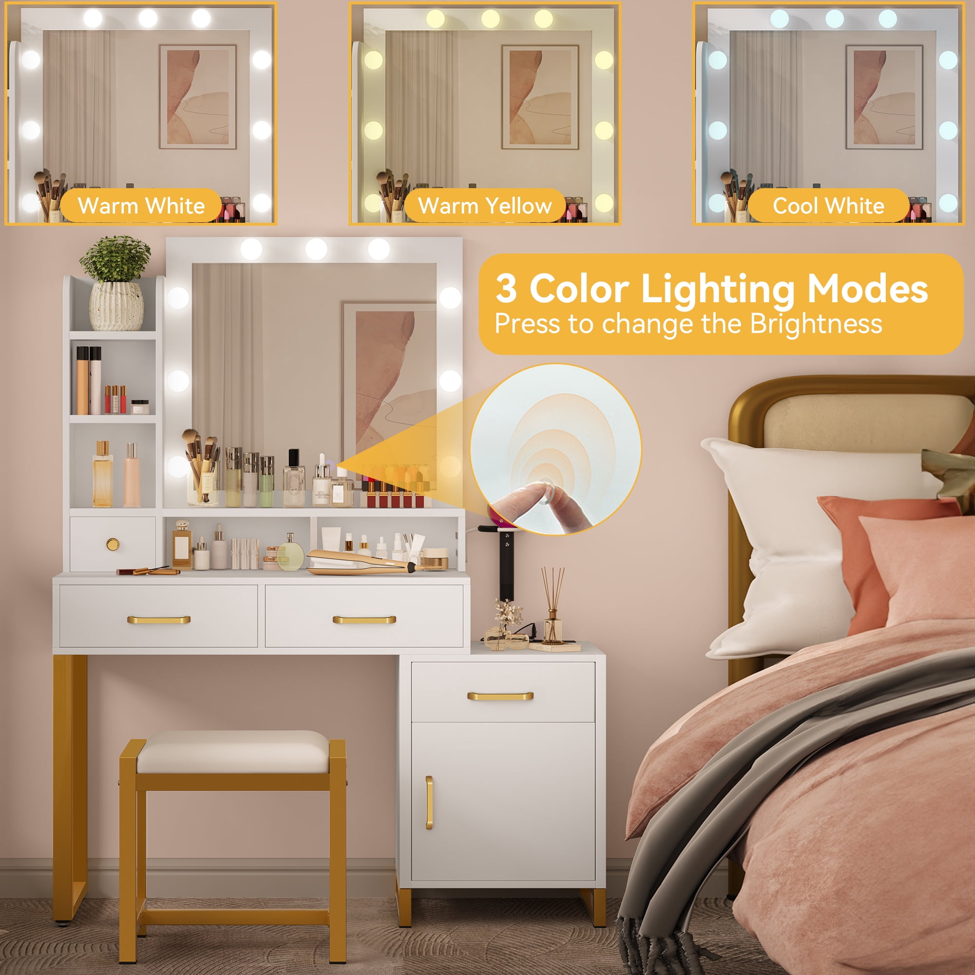Uforic Makeup Vanity with Lights, Adjustable Lighting Mirror and Drawers, White Finish with Power Outlet